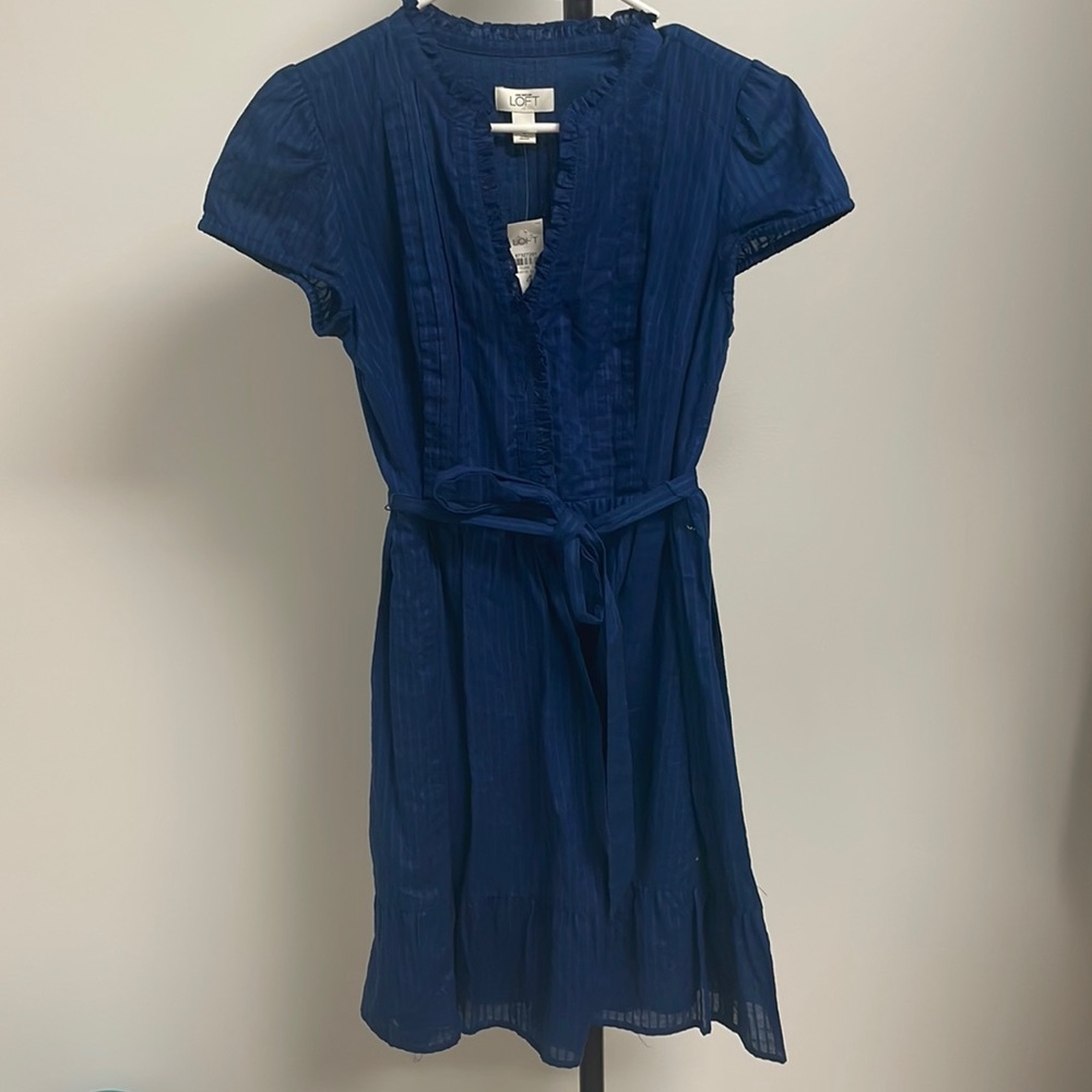 Loft ruffle button navy dress
